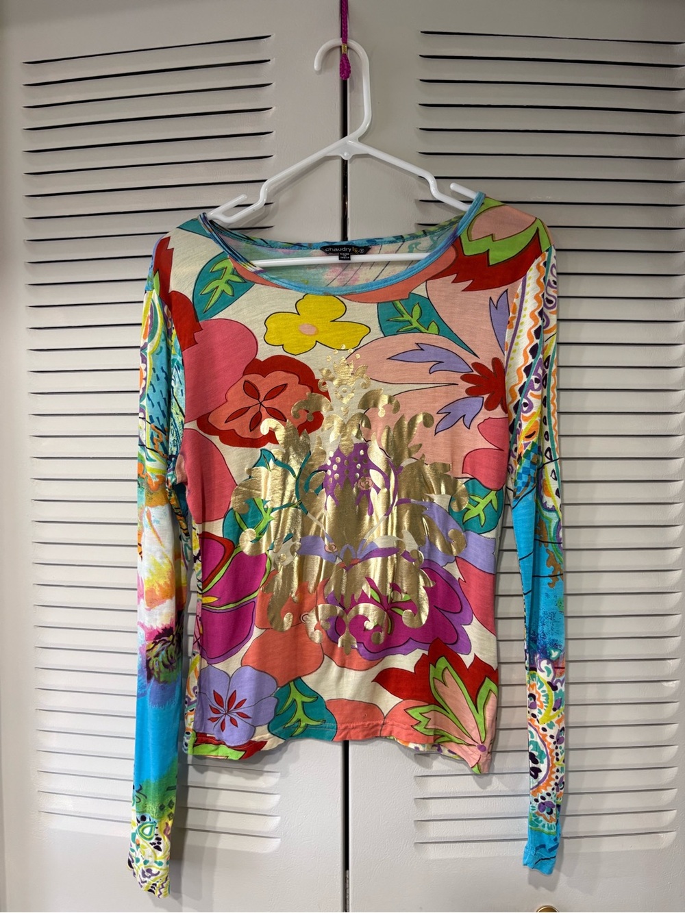 Multicolor Floral Long-Sleeve Blouse with Gold Foil Detail